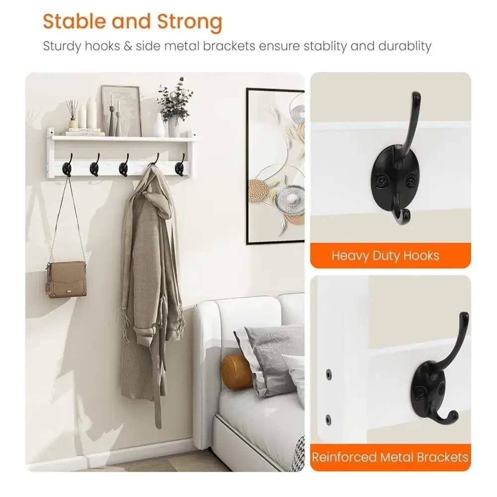 Wall Mount Coat Rack with Shelf 5 Hooks for Coats Backpacks Keys, White